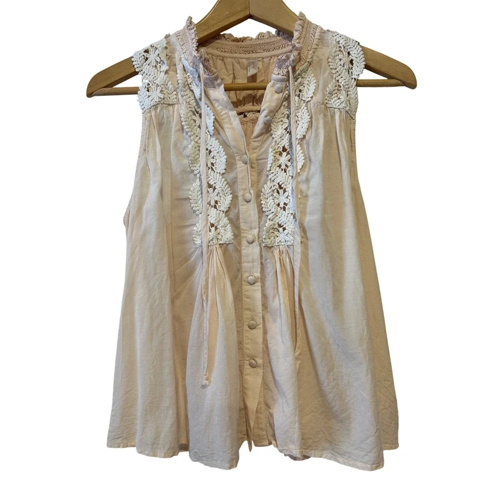 Free People Womens Tank Top Size S Pink Crochet Lace Boho Sleeveless Fairy